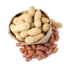 Fresh peanuts and paper bag isolated on white, top view