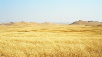 Obraz premium A sweeping landscape of grasslands and rolling golden hills under blue sky