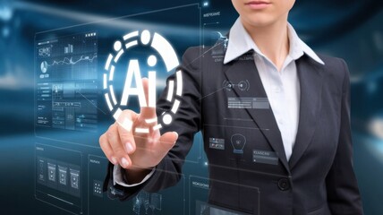 businesswoman in formal suit working with computer laptop for Polygonal brain shape of an artificial intelligence with various icon of smart city Internet of Things, AI and business IOT concept