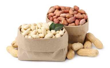 Different peanuts in paper bags isolated on white