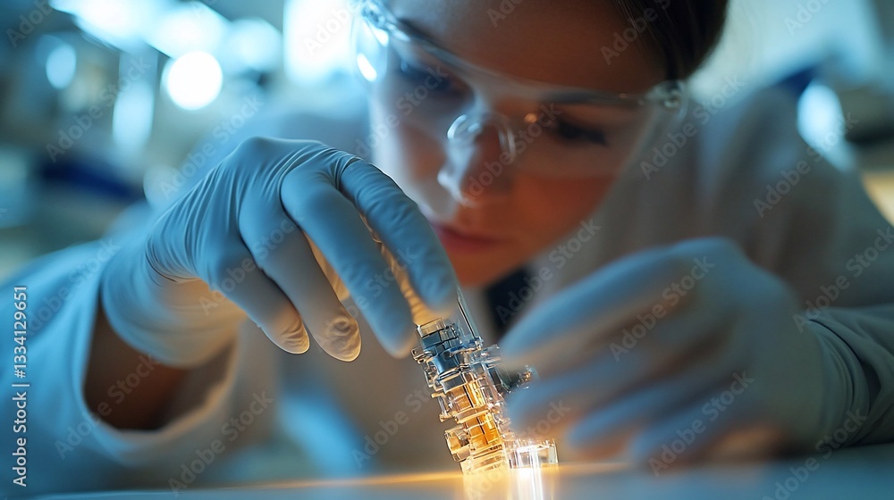 Poster close-up of a researcher examining a microchip in a laboratory setting