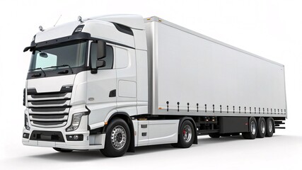Modern White Semi Truck with Large Cargo Trailer Isolated on White