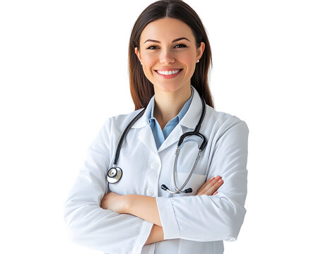 Smiling female physician with stethoscope, arms crossed in white coat against a bright, neutral background.