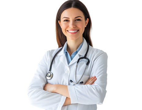 Smiling female physician with stethoscope, arms crossed in white coat against a bright, neutral background.