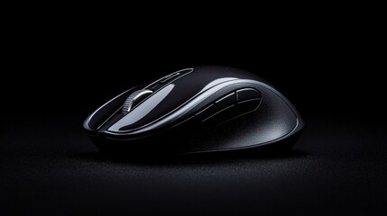 A sleek black computer mouse with a scroll wheel and buttons sits on a black surface.