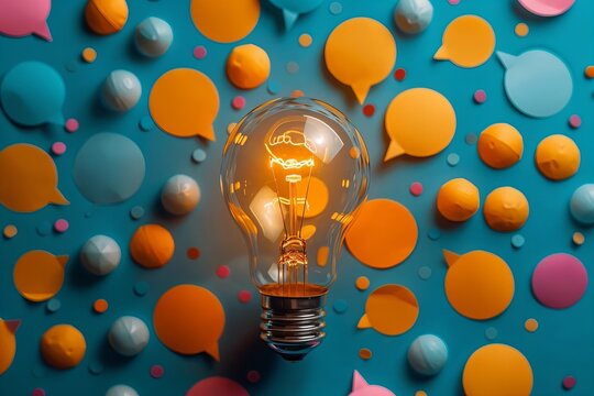 Creativity and brainstorming concept with colorful speech bubbles around a light bulb in flat lay photo.