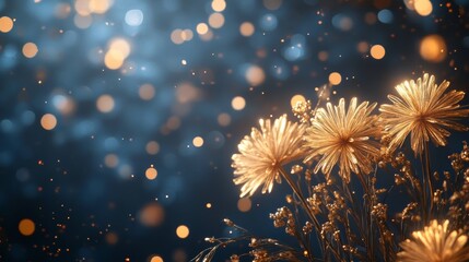 Obraz premium Elegant golden flowers with intricate details are illuminated against a deep blue backdrop filled with shimmering bokeh lights, creating a magical and dreamy atmosphere