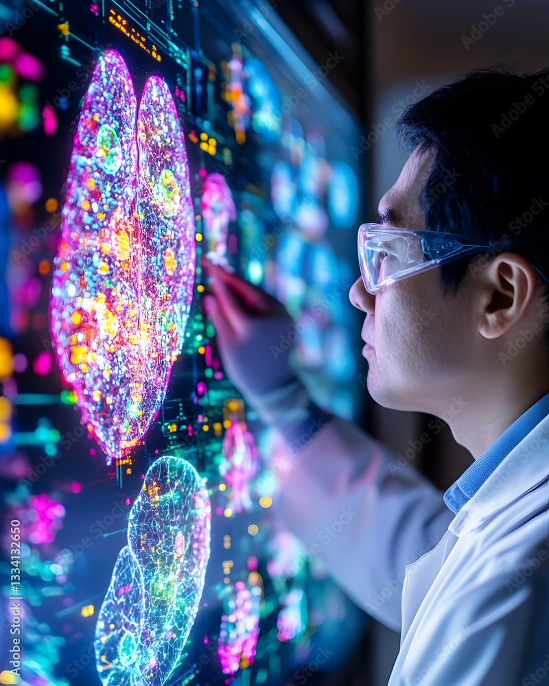 Poster scientist analyzes vibrant anatomical data on a large interactive display