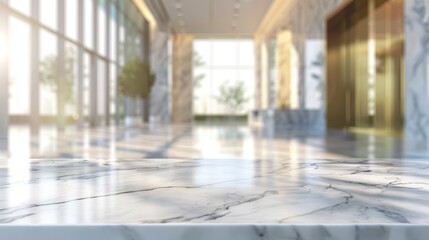 Elegant marble countertop surface with a blurred, light-filled hall background, suggesting luxury and sophistication within a modern architectural setting