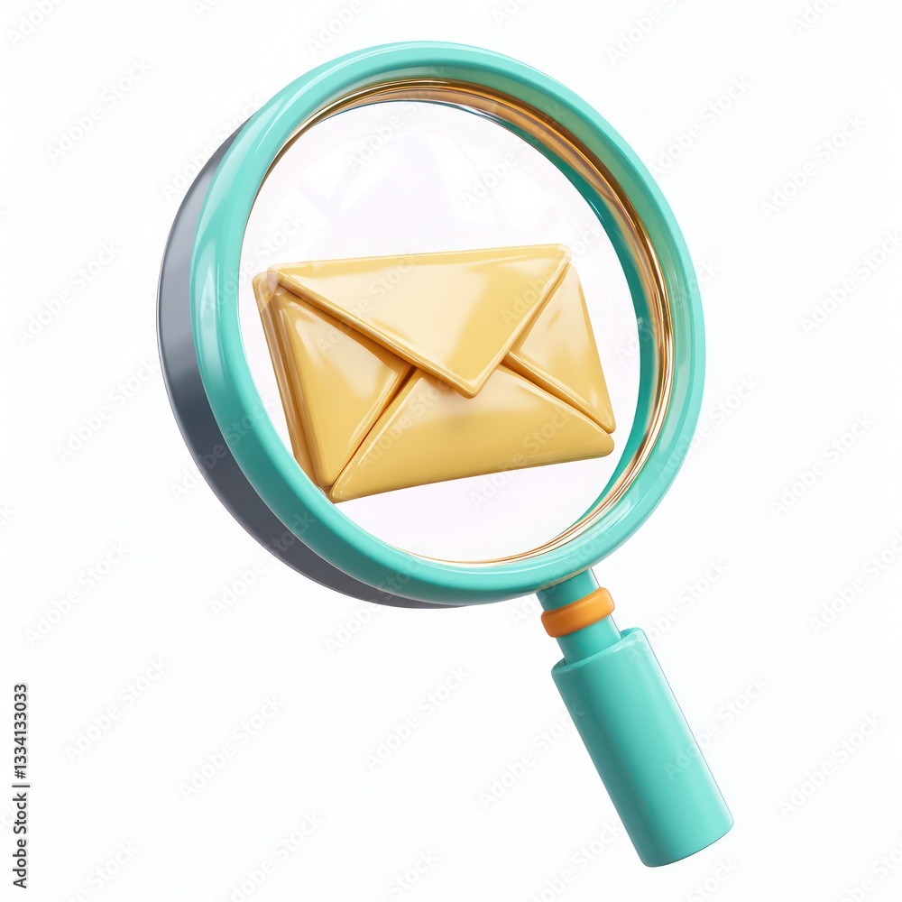 Poster email icon with a magnifying glass in 3d, symbolizing the search for important messages.