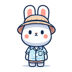 Cute bunny in explorer outfit with straw hat. Vector illustration perfect for travel blogs, adventure content, and summer vacation themes.