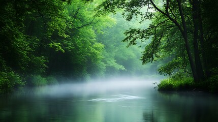 Obraz premium A misty river flowing through a dense forest, with the trees shrouded in fog and the sound of flowing water
