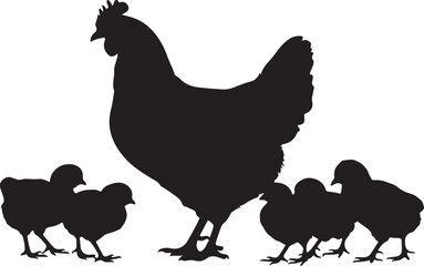 hen with her chicks silhouette vector illustration on a white background