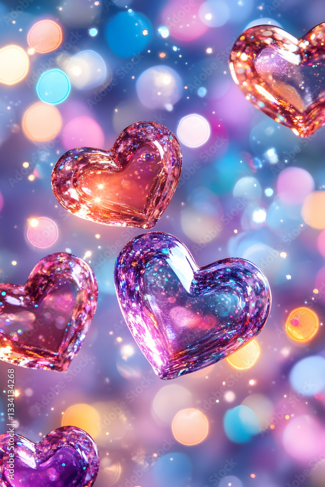 Poster shimmering hearts float amidst a vibrant bokeh backdrop