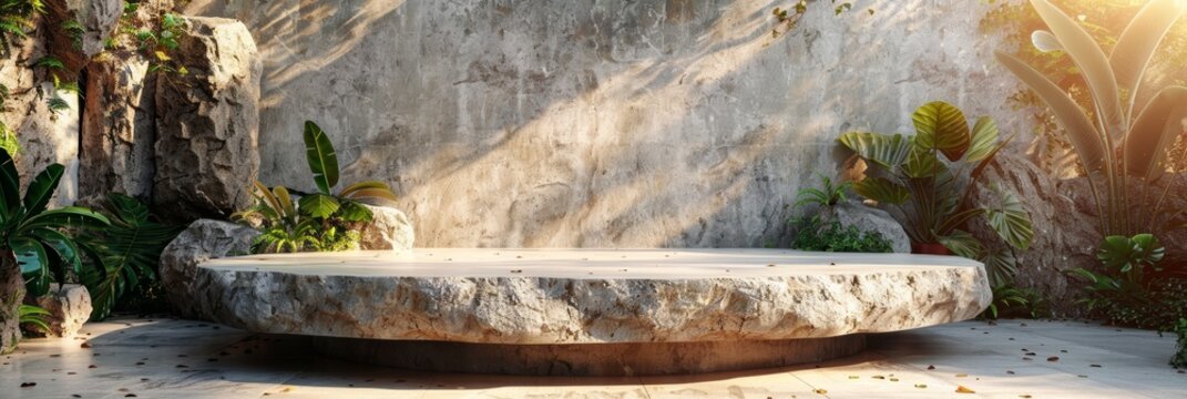 Elevated stone platform bathed in golden sunlight surrounded by verdant tropical foliage and rough textured rock formations creating a serene natural display