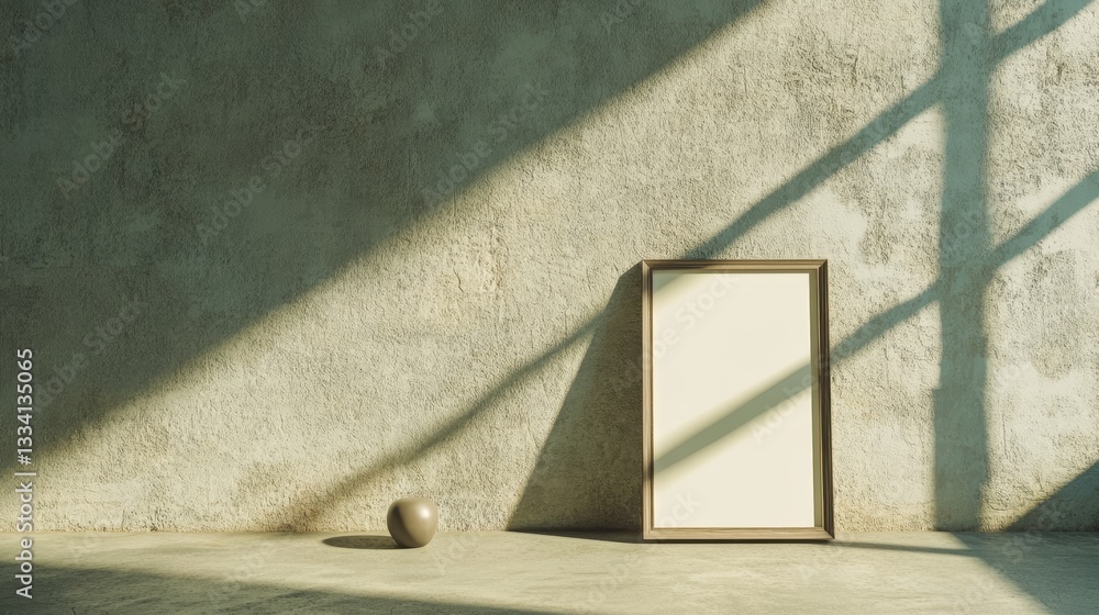Poster empty wooden picture frame leaning against a rough textured plaster wall in a sunlit room with a sim