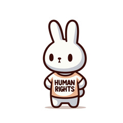 Obraz premium Simple cartoon bunny holding human rights sign in minimalist style. Vector illustration ideal for social justice, activism, or educational concept designs about equality.