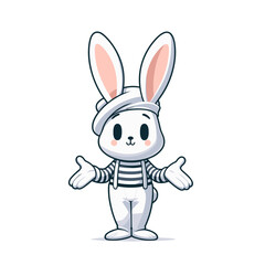 Obraz premium Mime bunny in striped shirt with expressive pose. Vector illustration for performing arts and street entertainment concepts.