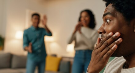 Surprised african male adult reacting to exciting news from friends in living room