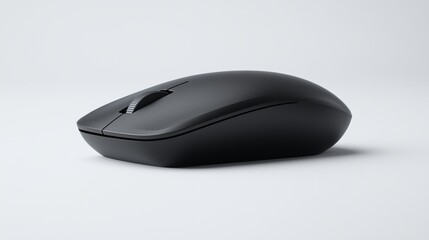 A black wireless computer mouse with a scroll wheel and directional pad.
