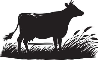 cow standing in a pasture silhouette vector illustration on a white background