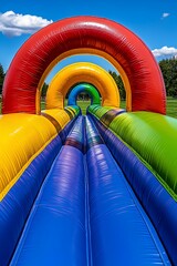 A lively inflatable bounce house standing in the middle of a park, ready for a day of fun and laughter.