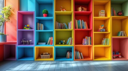 Colorful room's vibrant bookcases filled with toys and books