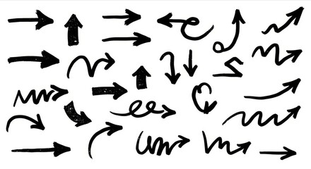 Scattered black ink arrows on white background.