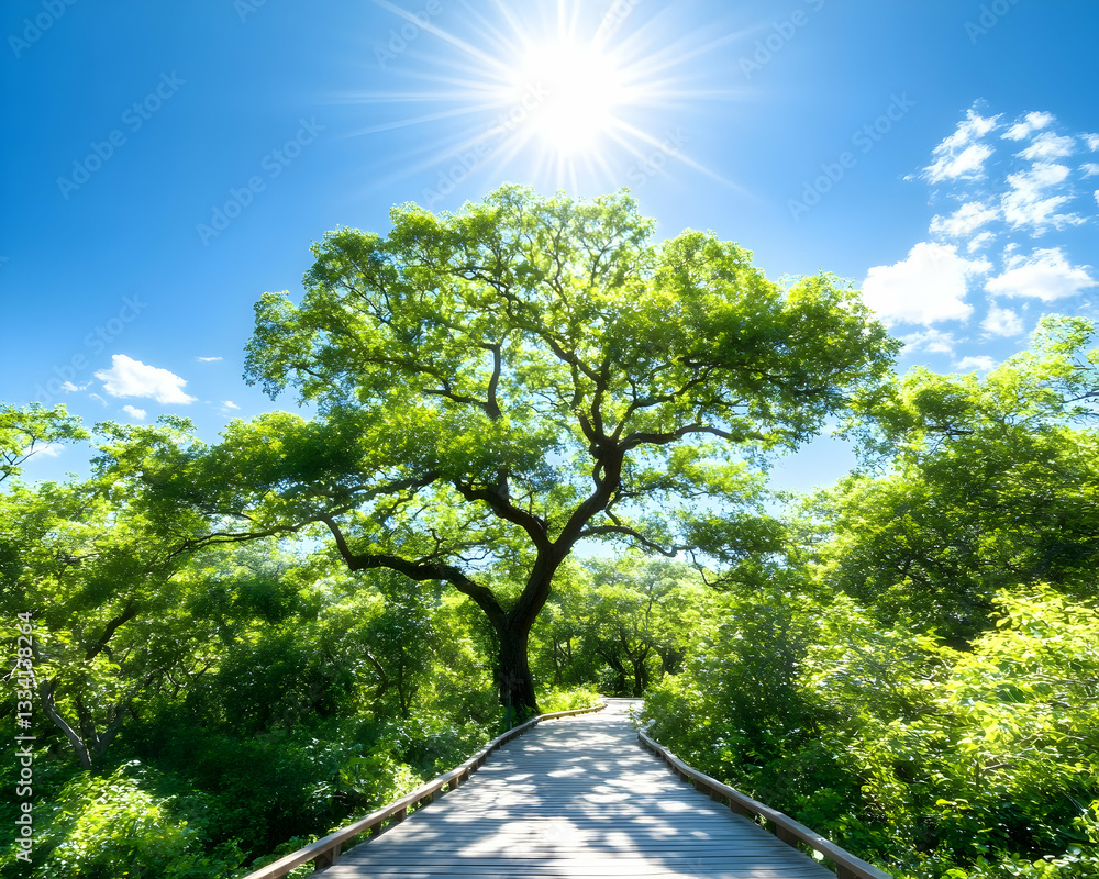 Poster sunlit path through lush green forest with large tree