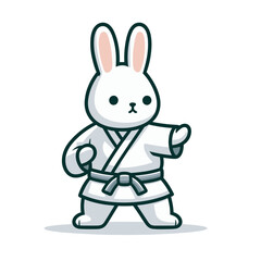Obraz premium Karate bunny in white gi uniform in fighting stance. Vector illustration for martial arts schools and self-defense training.