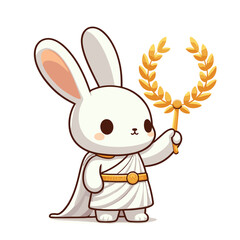 Fototapeta premium Noble cartoon rabbit in white toga holding golden laurel wreath. Ideal for victory concepts, achievement celebrations or classical mythology themed illustrations.
