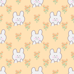 Cute Bunny & Floral Pattern - Seamless Digital Paper, Kawaii Rabbit and Orange Flower Repeat Pattern Design, Pastel Bunny & Floral Print - Scrapbook Paper, Hand-Drawn Bunny and Orange Blossom Pattern