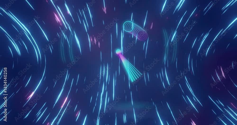 Poster animation of neon lights and abstract shapes creating motion in dark space