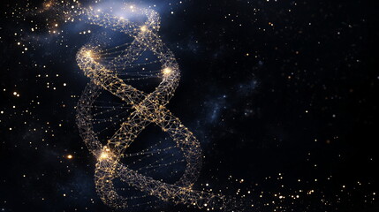 A digital representation of a DNA helix made of interconnected glowing nodes in space.