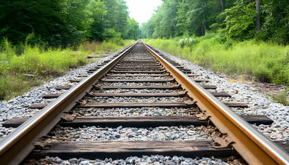Fototapeta premium Train tracks vanishing into a lush green forest
