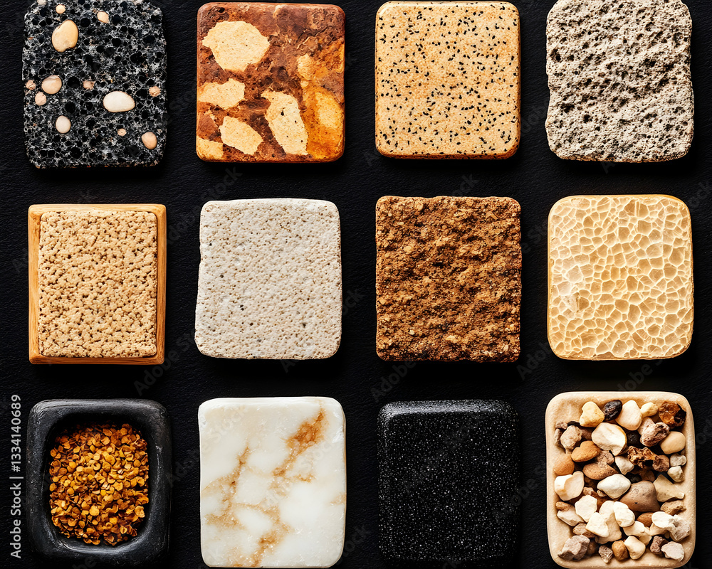 Aufkleber twelve square samples of various textured materials arranged on a dark background