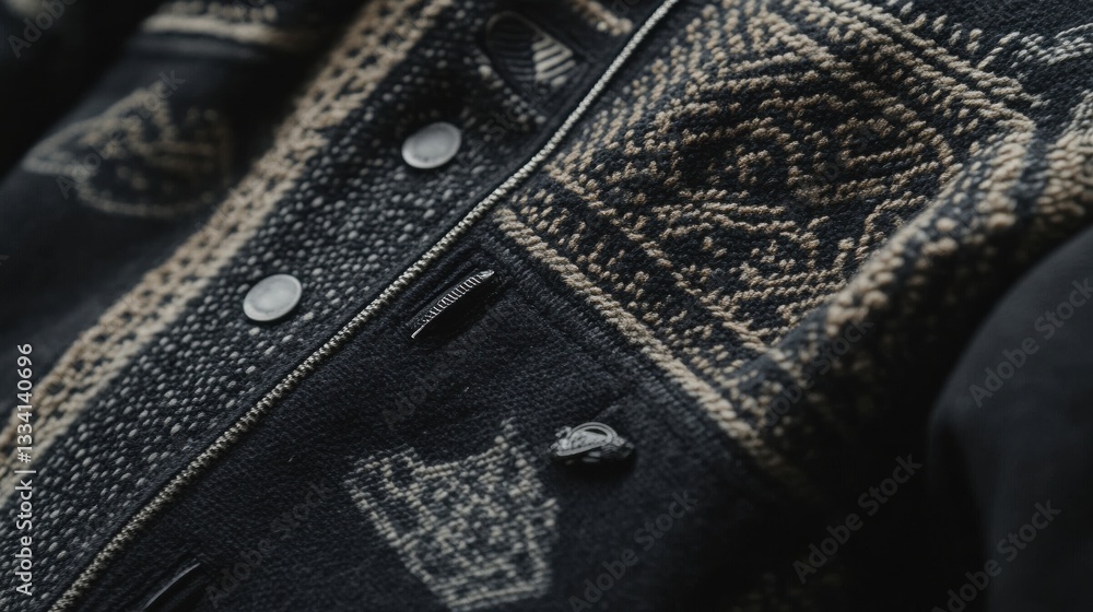 Poster intricate black and beige knitted jacket with unique patterns and textures