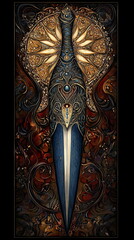 An ornate fantasy dagger with intricate golden decorations and gemstones.