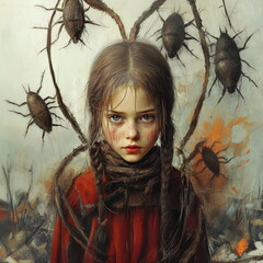 A girl in a red cloak surrounded by dark insect-like creatures in a surreal setting.