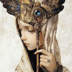 A regal woman with an intricate golden headdress holding a decorated staff.