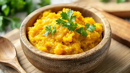 Creamy butternut squash puree garnished with fresh herbs in a rustic wooden bowl