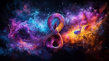 Fiery treble clef surrounded by cosmic energy waves high resolution picture