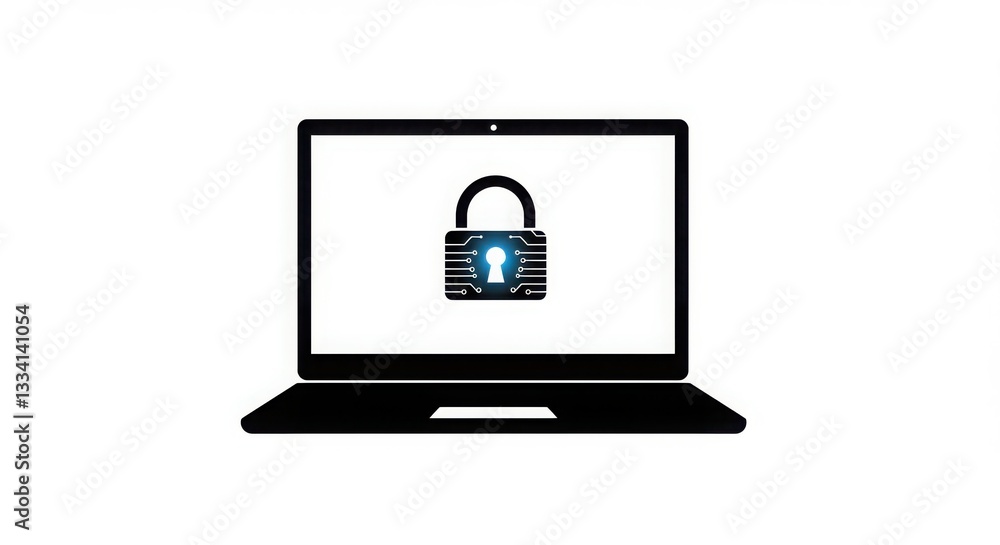 Poster laptop with lock icon cybersecurity and data protection. simplistic laptop with glowing blue lock ic