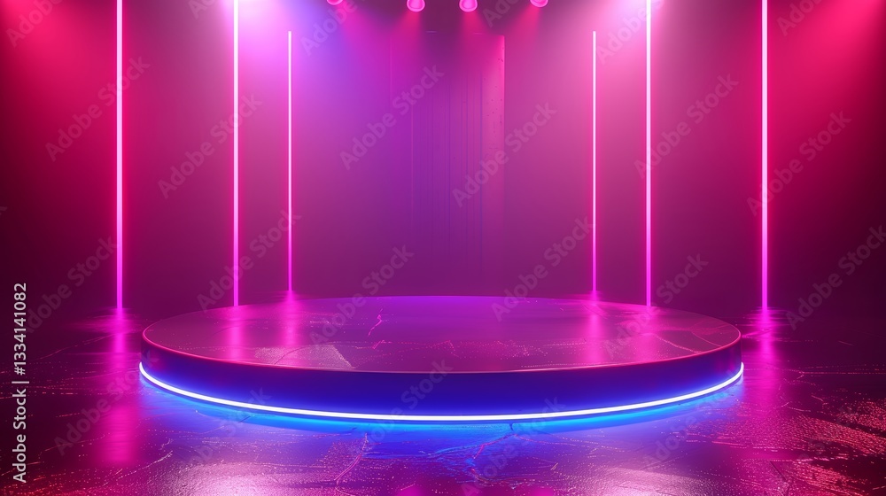 Poster illuminated stage with vibrant magenta and blue hues, vertical light bars, creating a dynamic and vi