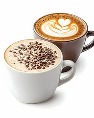 Obraz premium Two cups of coffee; one with latte art, the other with chocolate shavings