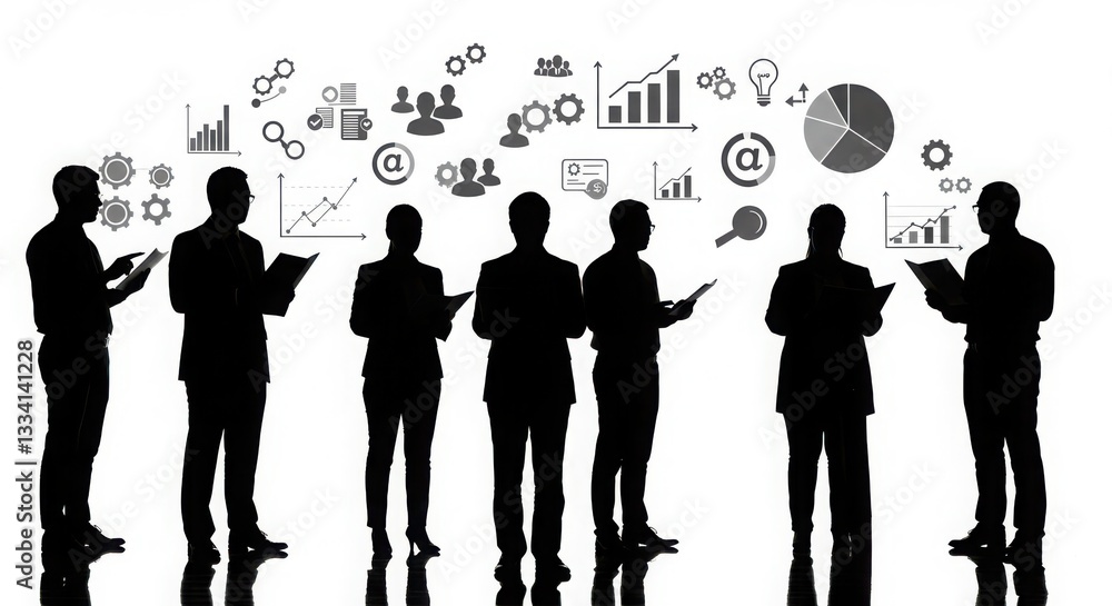Poster business collaboration and analytics teamwork in a digital workspace. dynamic business team with gra