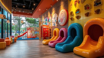 Indoor Play Area with Colorful Seating and Play Structures