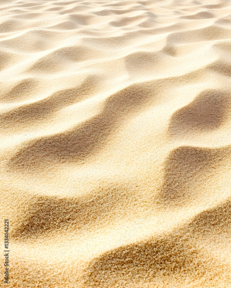 Poster undulating patterns of pale, sunlit sand create a textured beach background