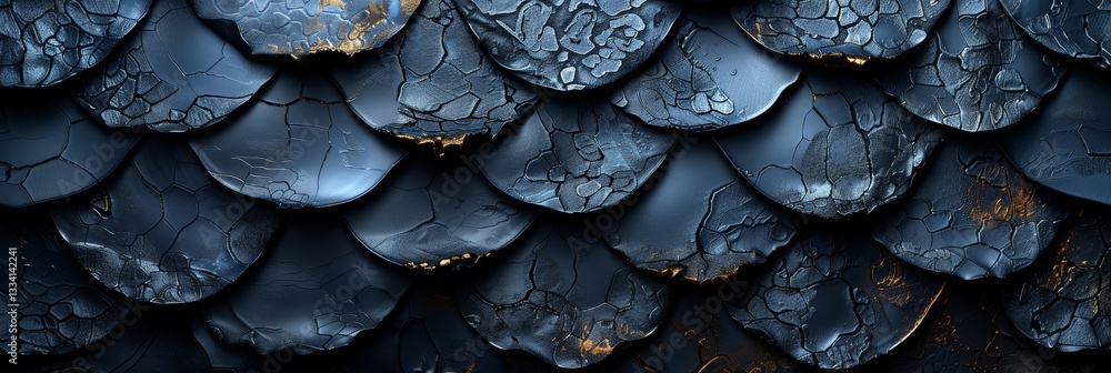 Poster intricate close-up of deep blue metallic scales with golden accents and crackled texture, creating a