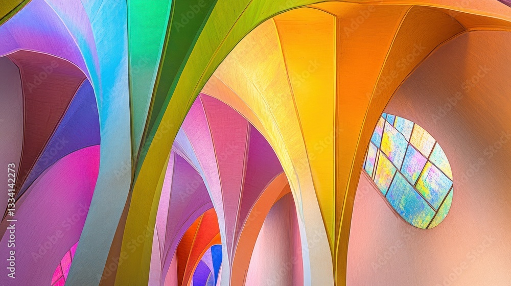 Poster interior view of a multicolored arched ceiling and window
